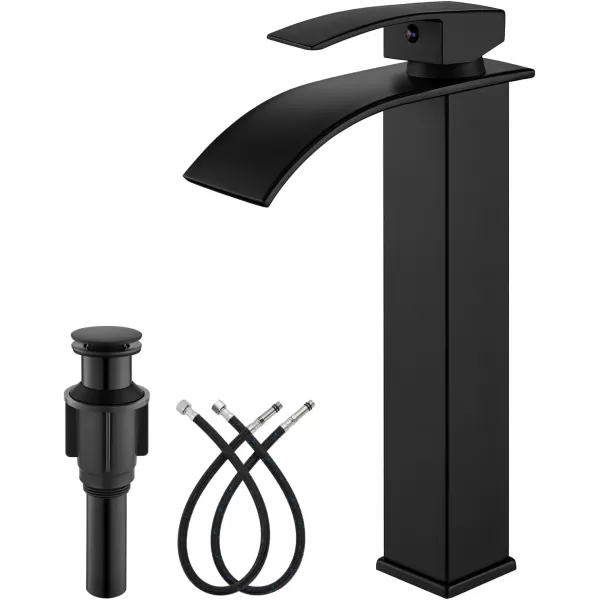 imagegotonovo Waterfall Tall Bathroom Faucet Single Handle Bathroom Faucets for Sink 1 Hole Stainless Steel Vessel Sink Faucet Modern Mixer Tap Wash Basin Faucet Without Pop Up Drain Oil Rubbed BronzeMatte Black