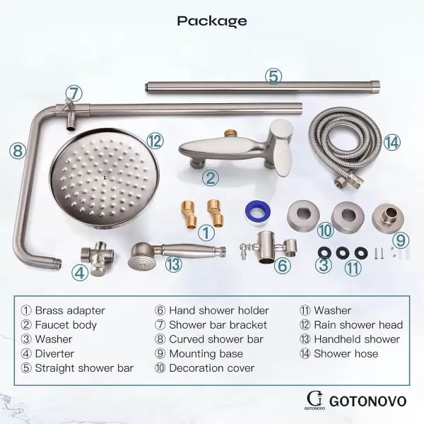 imageBrushed Nickel Exposed Shower Fixture System Shower Faucet Set 8 Inch Round Rainfall Shower Head Single Handle Dual Function