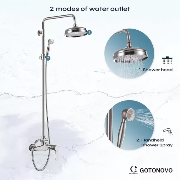 imageBrushed Nickel Exposed Shower Fixture System Shower Faucet Set 8 Inch Round Rainfall Shower Head Single Handle Dual Function