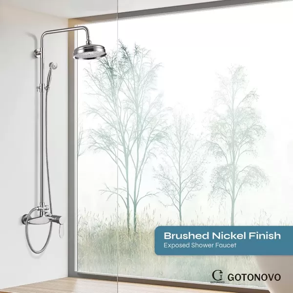imageBrushed Nickel Exposed Shower Fixture System Shower Faucet Set 8 Inch Round Rainfall Shower Head Single Handle Dual Function