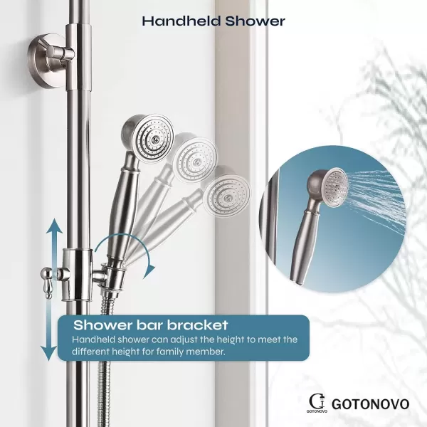 imageBrushed Nickel Exposed Shower Fixture System Shower Faucet Set 8 Inch Round Rainfall Shower Head Single Handle Dual Function