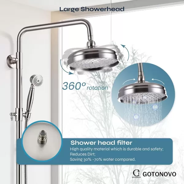 imageBrushed Nickel Exposed Shower Fixture System Shower Faucet Set 8 Inch Round Rainfall Shower Head Single Handle Dual Function