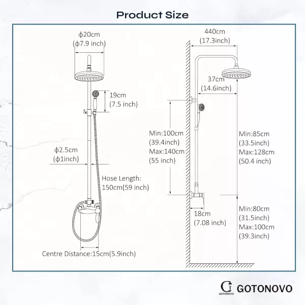 imageBrushed Nickel Exposed Shower Fixture System Shower Faucet Set 8 Inch Round Rainfall Shower Head Single Handle Dual Function