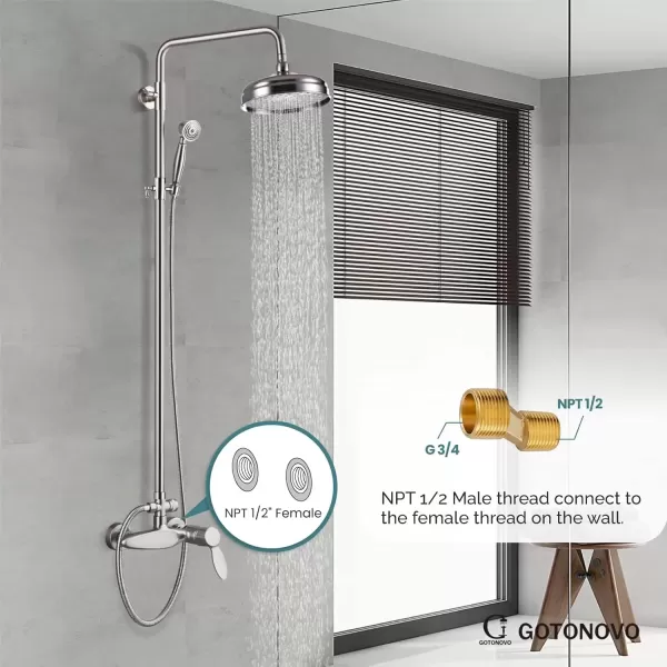 imageBrushed Nickel Exposed Shower Fixture System Shower Faucet Set 8 Inch Round Rainfall Shower Head Single Handle Dual Function