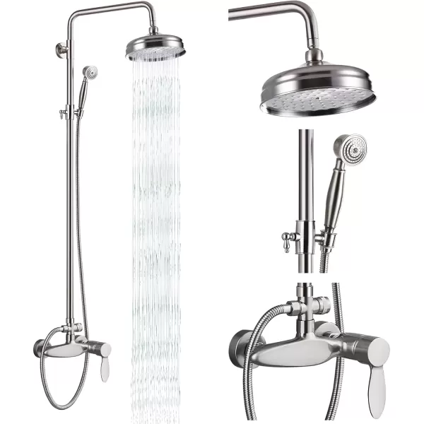 imageBrushed Nickel Exposed Shower Fixture System Shower Faucet Set 8 Inch Round Rainfall Shower Head Single Handle Dual Function