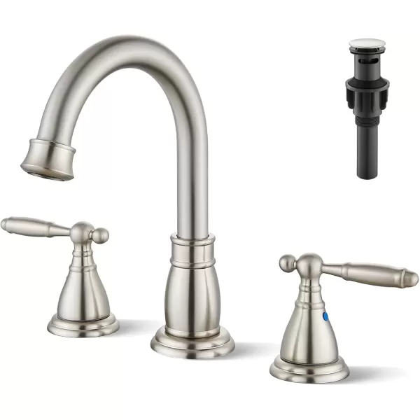 imagegotonovo 8 Inch Widespread Bathroom Faucet 3 Hole 2 Handles Bathroom Sink Faucet with Pop Up Drain and Supply Hoses Modern Lavatory Mixer Tap Lever Handle Brushed NickelBrushed Nickel