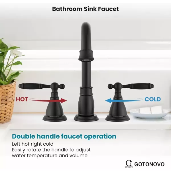 imagegotonovo 8 Inch Widespread Bathroom Faucet 3 Hole 2 Handles Bathroom Sink Faucet with Pop Up Drain and Supply Hoses Modern Lavatory Mixer Tap Lever Handle Brushed NickelMatte Black