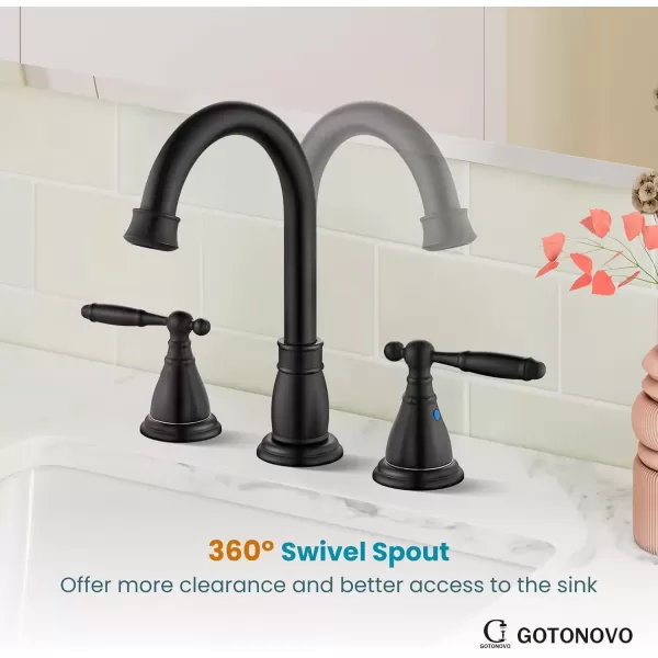 imagegotonovo 8 Inch Widespread Bathroom Faucet 3 Hole 2 Handles Bathroom Sink Faucet with Pop Up Drain and Supply Hoses Modern Lavatory Mixer Tap Lever Handle Brushed NickelMatte Black