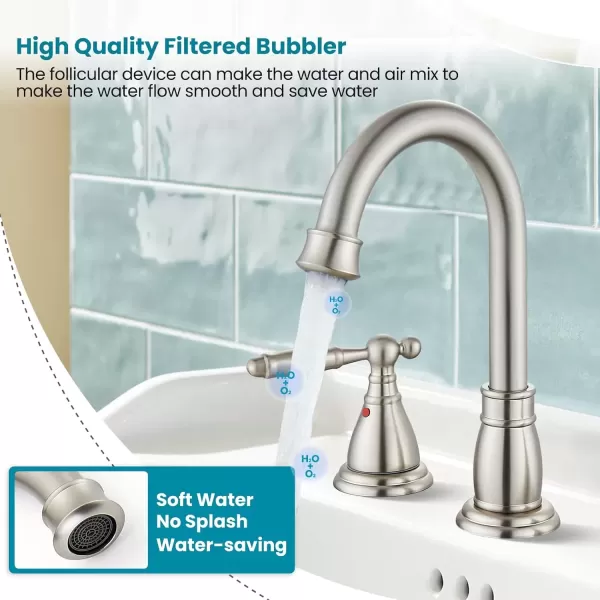 imagegotonovo 8 Inch Widespread Bathroom Faucet 3 Hole 2 Handles Bathroom Sink Faucet with Pop Up Drain and Supply Hoses Modern Lavatory Mixer Tap Lever Handle Brushed NickelBrushed Nickel