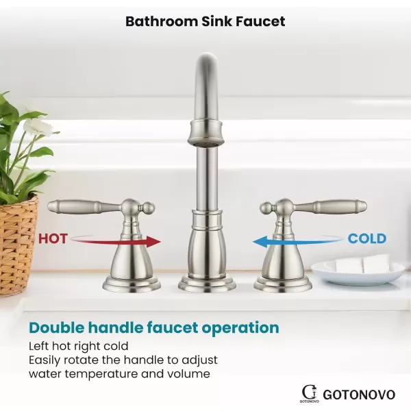 imagegotonovo 8 Inch Widespread Bathroom Faucet 3 Hole 2 Handles Bathroom Sink Faucet with Pop Up Drain and Supply Hoses Modern Lavatory Mixer Tap Lever Handle Brushed NickelBrushed Nickel