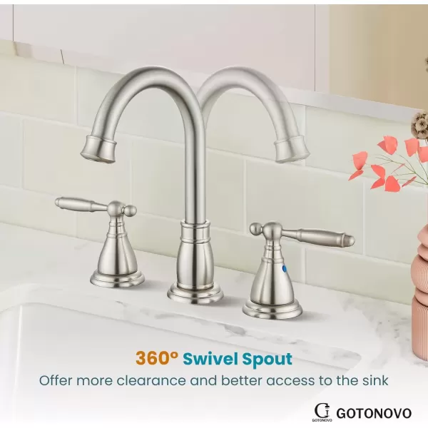 imagegotonovo 8 Inch Widespread Bathroom Faucet 3 Hole 2 Handles Bathroom Sink Faucet with Pop Up Drain and Supply Hoses Modern Lavatory Mixer Tap Lever Handle Brushed NickelBrushed Nickel