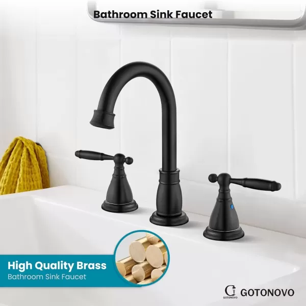 imagegotonovo 8 Inch Widespread Bathroom Faucet 3 Hole 2 Handles Bathroom Sink Faucet with Pop Up Drain and Supply Hoses Modern Lavatory Mixer Tap Lever Handle Brushed NickelMatte Black