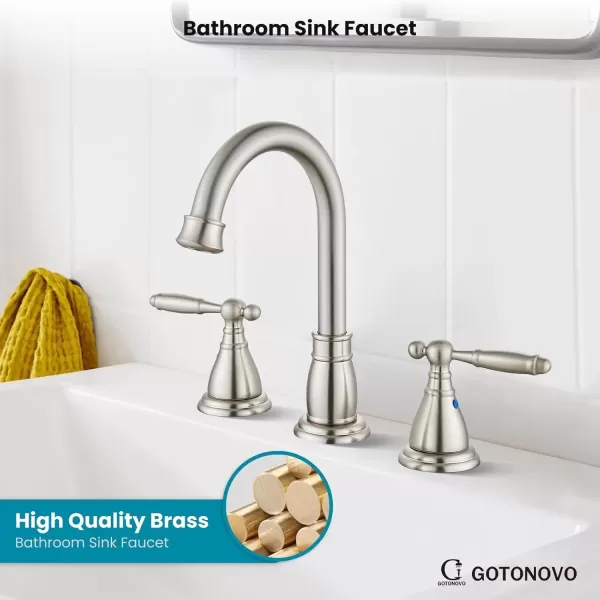 imagegotonovo 8 Inch Widespread Bathroom Faucet 3 Hole 2 Handles Bathroom Sink Faucet with Pop Up Drain and Supply Hoses Modern Lavatory Mixer Tap Lever Handle Brushed NickelBrushed Nickel