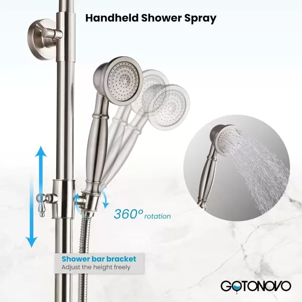 imagegotonovo Brushed Nickel Exposed Bathroom Shower Faucet Wall Mounted Shower System Dual Functions 8 inch Wall Mounted with Shower Shelf Double Cross Handles Adjustable Handheld SprayerBrushed Nickel