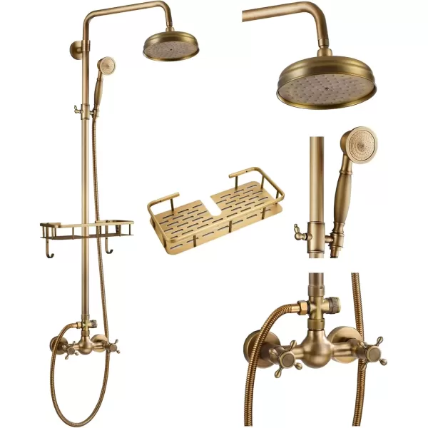 imagegotonovo Brushed Nickel Exposed Bathroom Shower Faucet Wall Mounted Shower System Dual Functions 8 inch Wall Mounted with Shower Shelf Double Cross Handles Adjustable Handheld SprayerAntique Brass