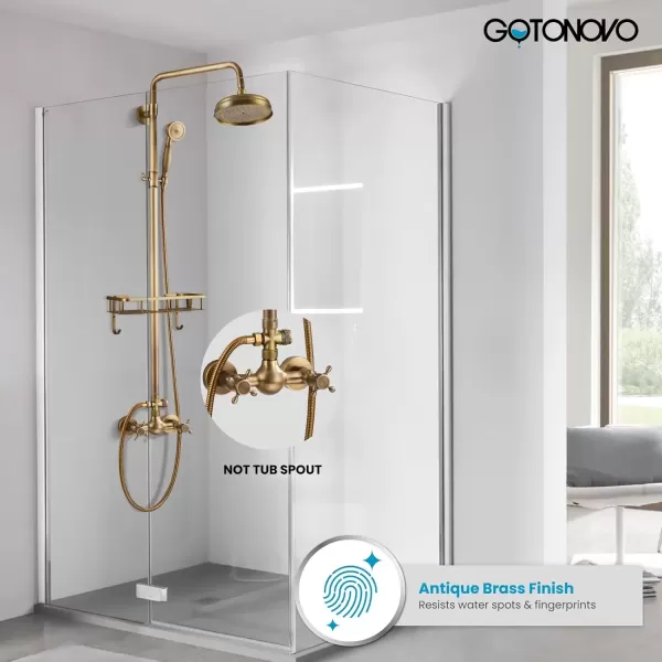 imagegotonovo Brushed Nickel Exposed Bathroom Shower Faucet Wall Mounted Shower System Dual Functions 8 inch Wall Mounted with Shower Shelf Double Cross Handles Adjustable Handheld SprayerAntique Brass