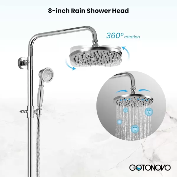 imagegotonovo Brushed Nickel Exposed Bathroom Shower Faucet Wall Mounted Shower System Dual Functions 8 inch Wall Mounted with Shower Shelf Double Cross Handles Adjustable Handheld SprayerPolish Chrome