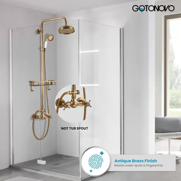imagegotonovo Brushed Nickel Exposed Bathroom Shower Faucet Wall Mounted Shower System Dual Functions 8 inch Wall Mounted with Shower Shelf Double Cross Handles Adjustable Handheld SprayerAntique Brass
