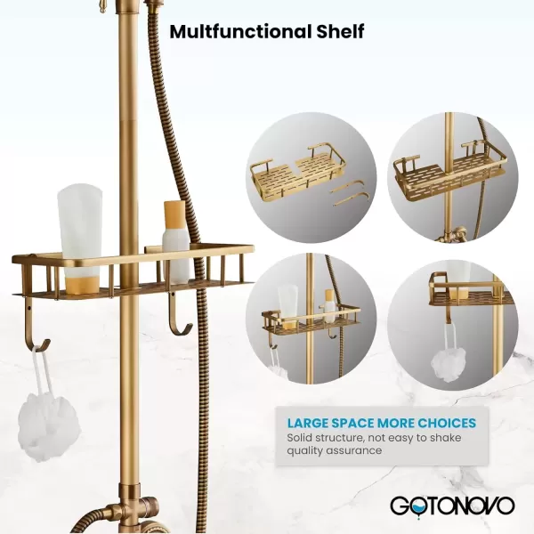 imagegotonovo Brushed Nickel Exposed Bathroom Shower Faucet Wall Mounted Shower System Dual Functions 8 inch Wall Mounted with Shower Shelf Double Cross Handles Adjustable Handheld SprayerAntique Brass