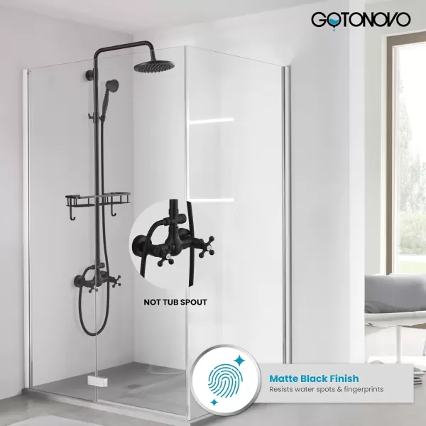 imagegotonovo Brushed Nickel Exposed Bathroom Shower Faucet Wall Mounted Shower System Dual Functions 8 inch Wall Mounted with Shower Shelf Double Cross Handles Adjustable Handheld SprayerMatte Black