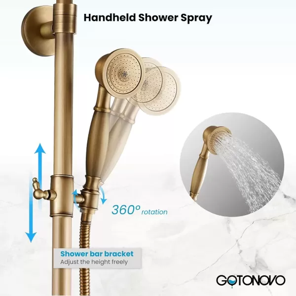 imagegotonovo Brushed Nickel Exposed Bathroom Shower Faucet Wall Mounted Shower System Dual Functions 8 inch Wall Mounted with Shower Shelf Double Cross Handles Adjustable Handheld SprayerAntique Brass