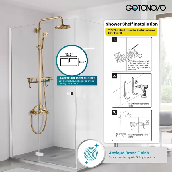 imagegotonovo Brushed Nickel Exposed Bathroom Shower Faucet Wall Mounted Shower System Dual Functions 8 inch Wall Mounted with Shower Shelf Double Cross Handles Adjustable Handheld SprayerAntique Brass