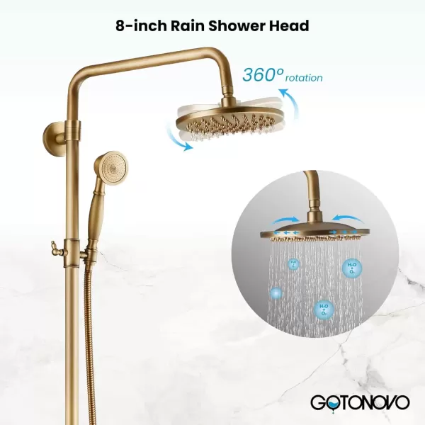 imagegotonovo Brushed Nickel Exposed Bathroom Shower Faucet Wall Mounted Shower System Dual Functions 8 inch Wall Mounted with Shower Shelf Double Cross Handles Adjustable Handheld SprayerAntique Brass