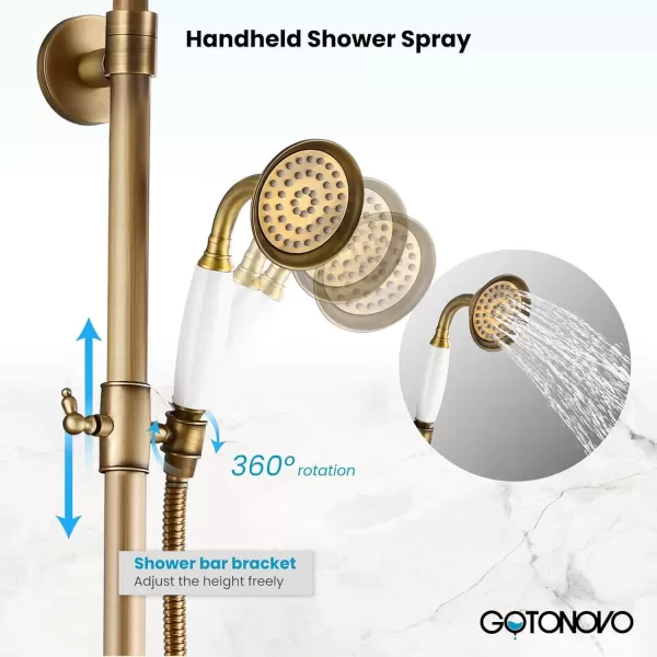 imagegotonovo Brushed Nickel Exposed Bathroom Shower Faucet Wall Mounted Shower System Dual Functions 8 inch Wall Mounted with Shower Shelf Double Cross Handles Adjustable Handheld SprayerAntique Brass