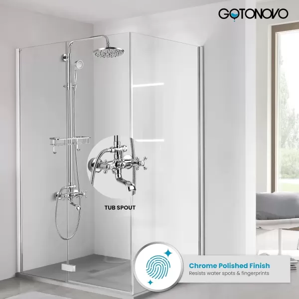 imagegotonovo Brushed Nickel Exposed Bathroom Shower Faucet Wall Mounted Shower System Dual Functions 8 inch Wall Mounted with Shower Shelf Double Cross Handles Adjustable Handheld SprayerPolish Chrome