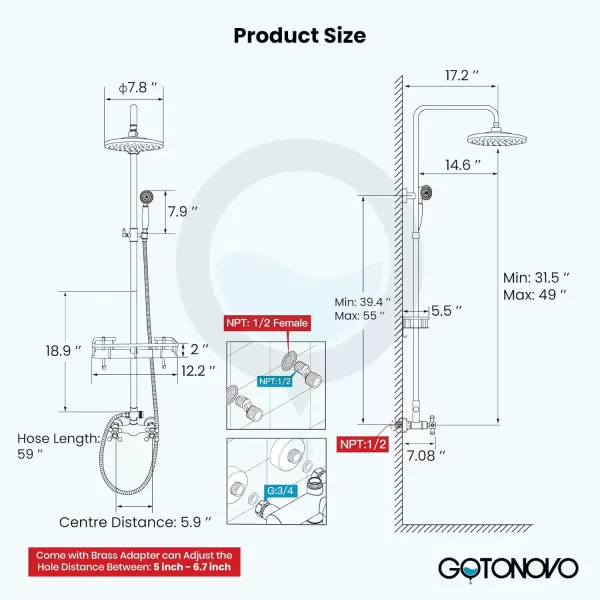 imagegotonovo Brushed Nickel Exposed Bathroom Shower Faucet Wall Mounted Shower System Dual Functions 8 inch Wall Mounted with Shower Shelf Double Cross Handles Adjustable Handheld SprayerAntique Brass