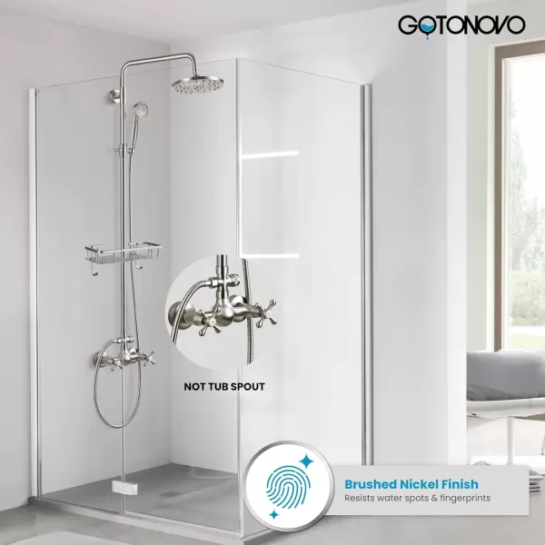 imagegotonovo Brushed Nickel Exposed Bathroom Shower Faucet Wall Mounted Shower System Dual Functions 8 inch Wall Mounted with Shower Shelf Double Cross Handles Adjustable Handheld SprayerBrushed Nickel