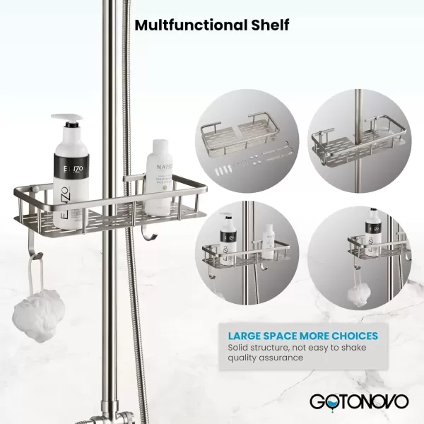 imagegotonovo Brushed Nickel Exposed Bathroom Shower Faucet Wall Mounted Shower System Dual Functions 8 inch Wall Mounted with Shower Shelf Double Cross Handles Adjustable Handheld SprayerBrushed Nickel