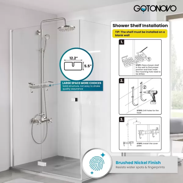 imagegotonovo Brushed Nickel Exposed Bathroom Shower Faucet Wall Mounted Shower System Dual Functions 8 inch Wall Mounted with Shower Shelf Double Cross Handles Adjustable Handheld SprayerBrushed Nickel