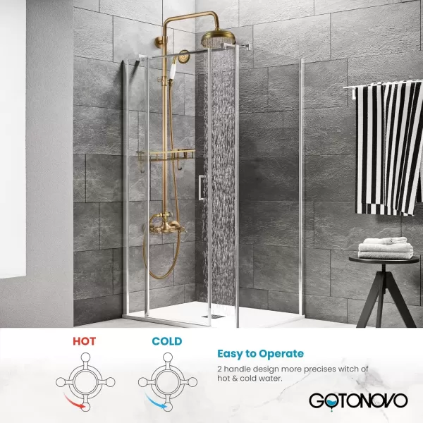 imagegotonovo Brushed Nickel Exposed Bathroom Shower Faucet Wall Mounted Shower System Dual Functions 8 inch Wall Mounted with Shower Shelf Double Cross Handles Adjustable Handheld SprayerAntique Brass