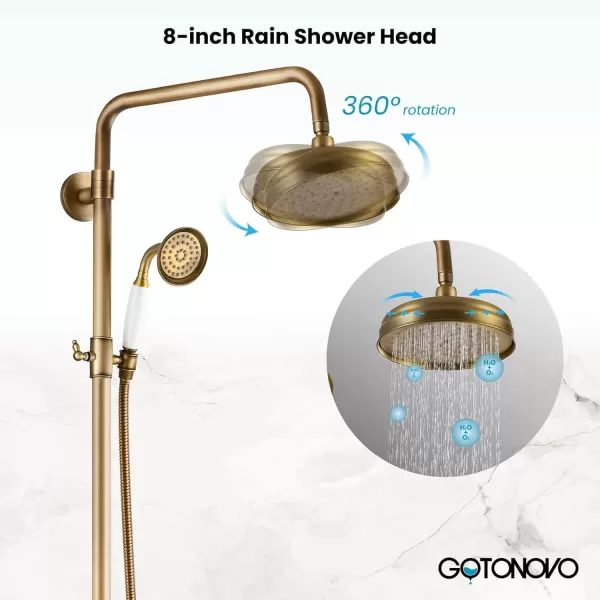 imagegotonovo Brushed Nickel Exposed Bathroom Shower Faucet Wall Mounted Shower System Dual Functions 8 inch Wall Mounted with Shower Shelf Double Cross Handles Adjustable Handheld SprayerAntique Brass
