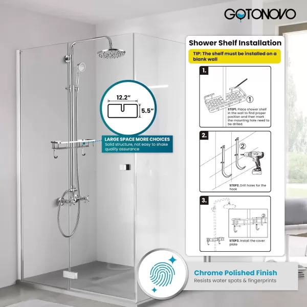 imagegotonovo Brushed Nickel Exposed Bathroom Shower Faucet Wall Mounted Shower System Dual Functions 8 inch Wall Mounted with Shower Shelf Double Cross Handles Adjustable Handheld SprayerPolish Chrome