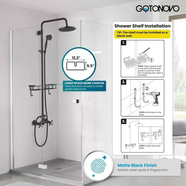 imagegotonovo Brushed Nickel Exposed Bathroom Shower Faucet Wall Mounted Shower System Dual Functions 8 inch Wall Mounted with Shower Shelf Double Cross Handles Adjustable Handheld SprayerMatte Black