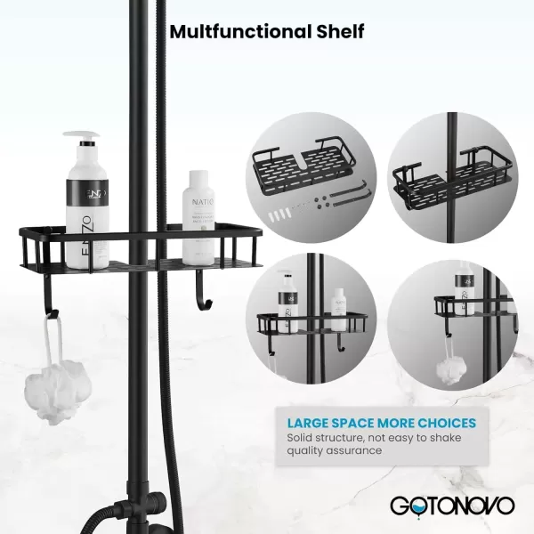 imagegotonovo Brushed Nickel Exposed Bathroom Shower Faucet Wall Mounted Shower System Dual Functions 8 inch Wall Mounted with Shower Shelf Double Cross Handles Adjustable Handheld SprayerMatte Black