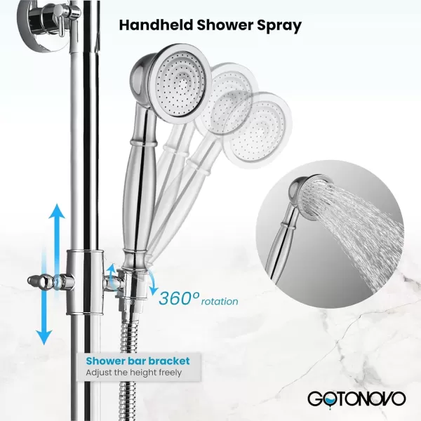 imagegotonovo Brushed Nickel Exposed Bathroom Shower Faucet Wall Mounted Shower System Dual Functions 8 inch Wall Mounted with Shower Shelf Double Cross Handles Adjustable Handheld SprayerPolish Chrome