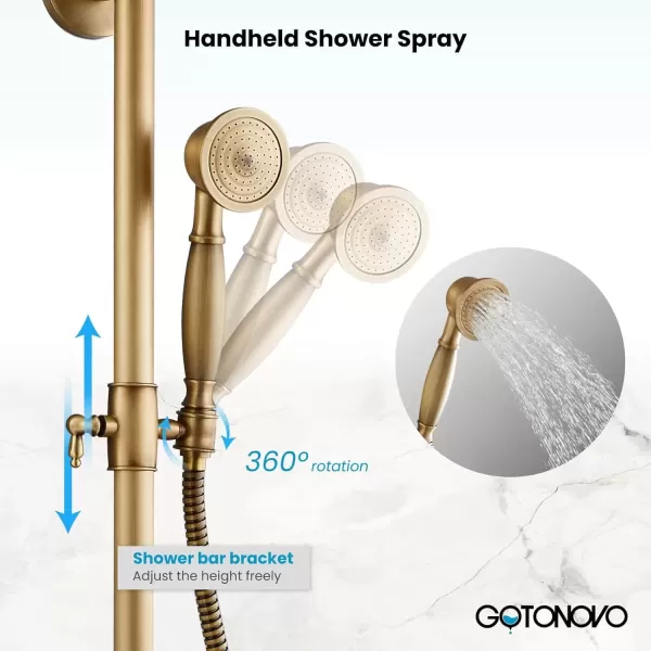 imagegotonovo Brushed Nickel Exposed Bathroom Shower Faucet Wall Mounted Shower System Dual Functions 8 inch Wall Mounted with Shower Shelf Double Cross Handles Adjustable Handheld SprayerAntique Brass