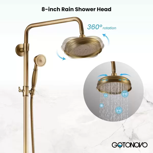 imagegotonovo Brushed Nickel Exposed Bathroom Shower Faucet Wall Mounted Shower System Dual Functions 8 inch Wall Mounted with Shower Shelf Double Cross Handles Adjustable Handheld SprayerAntique Brass