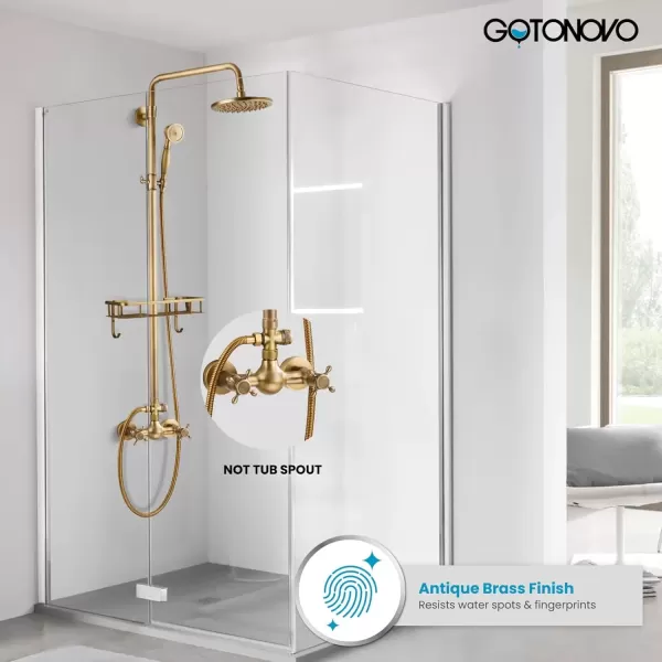 imagegotonovo Brushed Nickel Exposed Bathroom Shower Faucet Wall Mounted Shower System Dual Functions 8 inch Wall Mounted with Shower Shelf Double Cross Handles Adjustable Handheld SprayerAntique Brass