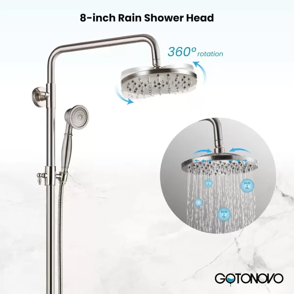 imagegotonovo Brushed Nickel Exposed Bathroom Shower Faucet Wall Mounted Shower System Dual Functions 8 inch Wall Mounted with Shower Shelf Double Cross Handles Adjustable Handheld SprayerBrushed Nickel