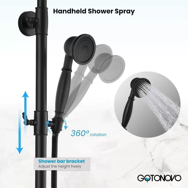 imagegotonovo Brushed Nickel Exposed Bathroom Shower Faucet Wall Mounted Shower System Dual Functions 8 inch Wall Mounted with Shower Shelf Double Cross Handles Adjustable Handheld SprayerMatte Black