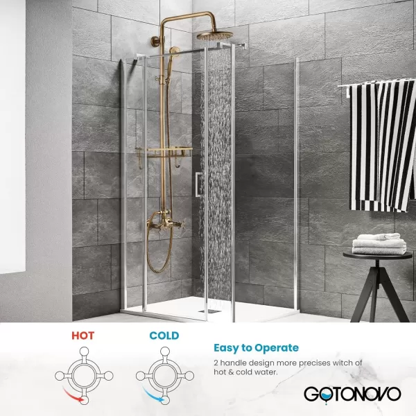 imagegotonovo Brushed Nickel Exposed Bathroom Shower Faucet Wall Mounted Shower System Dual Functions 8 inch Wall Mounted with Shower Shelf Double Cross Handles Adjustable Handheld SprayerAntique Brass