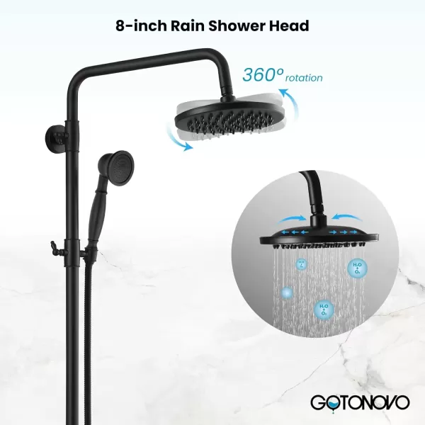 imagegotonovo Brushed Nickel Exposed Bathroom Shower Faucet Wall Mounted Shower System Dual Functions 8 inch Wall Mounted with Shower Shelf Double Cross Handles Adjustable Handheld SprayerMatte Black