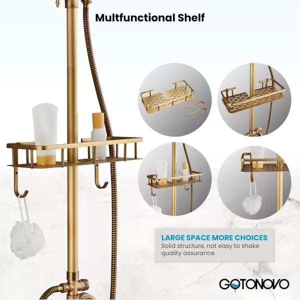 imagegotonovo Brushed Nickel Exposed Bathroom Shower Faucet Wall Mounted Shower System Dual Functions 8 inch Wall Mounted with Shower Shelf Double Cross Handles Adjustable Handheld SprayerAntique Brass