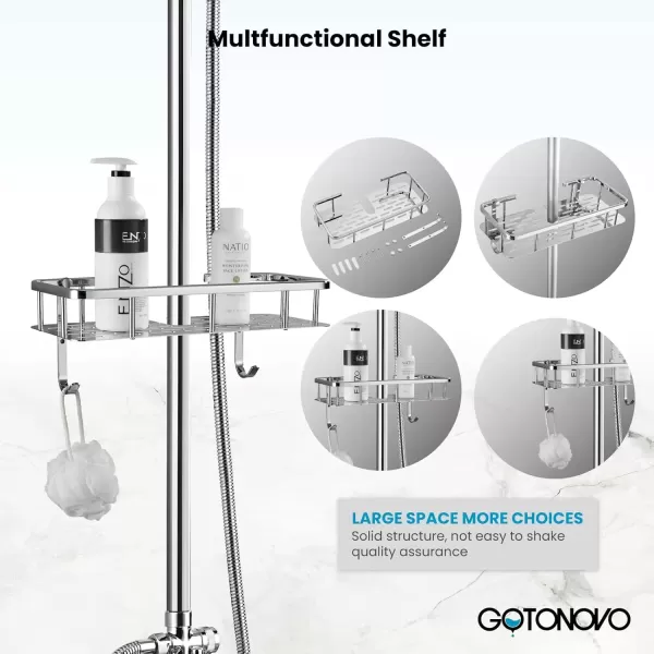 imagegotonovo Brushed Nickel Exposed Bathroom Shower Faucet Wall Mounted Shower System Dual Functions 8 inch Wall Mounted with Shower Shelf Double Cross Handles Adjustable Handheld SprayerPolish Chrome