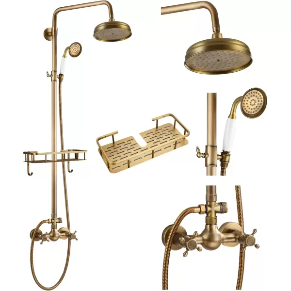 imagegotonovo Brushed Nickel Exposed Bathroom Shower Faucet Wall Mounted Shower System Dual Functions 8 inch Wall Mounted with Shower Shelf Double Cross Handles Adjustable Handheld SprayerAntique Brass