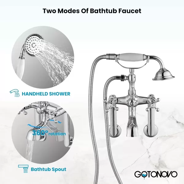 imagegotonovo Clawfoot Bathtub Faucet Tub Filler with Hand Held Shower Faucet Set Victorian Double Cross Handle 6 Inch Center Adjustable Swing Arms Tub Mount Short Adapter Matte BlackPolished Chrome